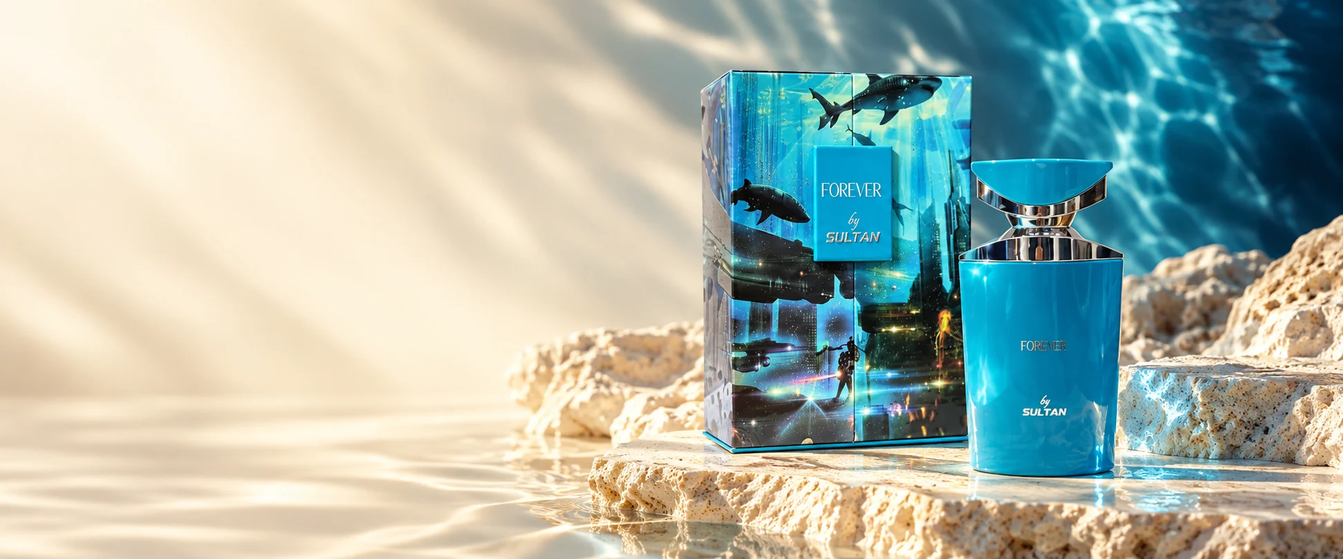 Sultan Forever: frasco azul y caja original en una composición de agua y piedra color champán